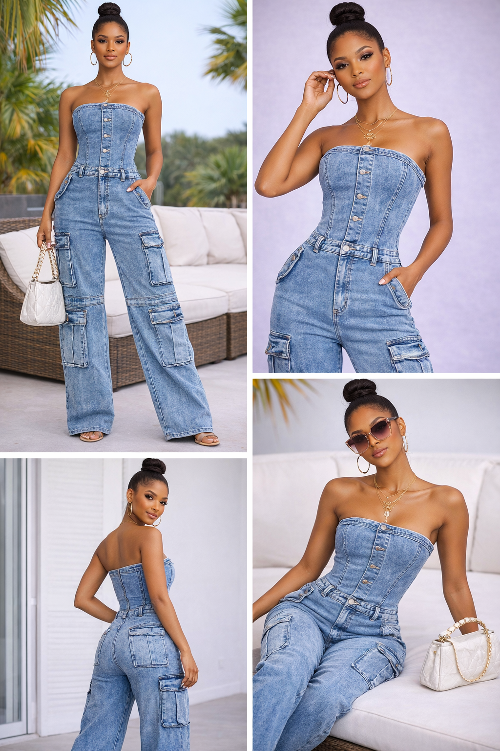 Cargo strapless denim jumpsuit
