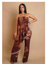 Brown strapless floral jumpsuit