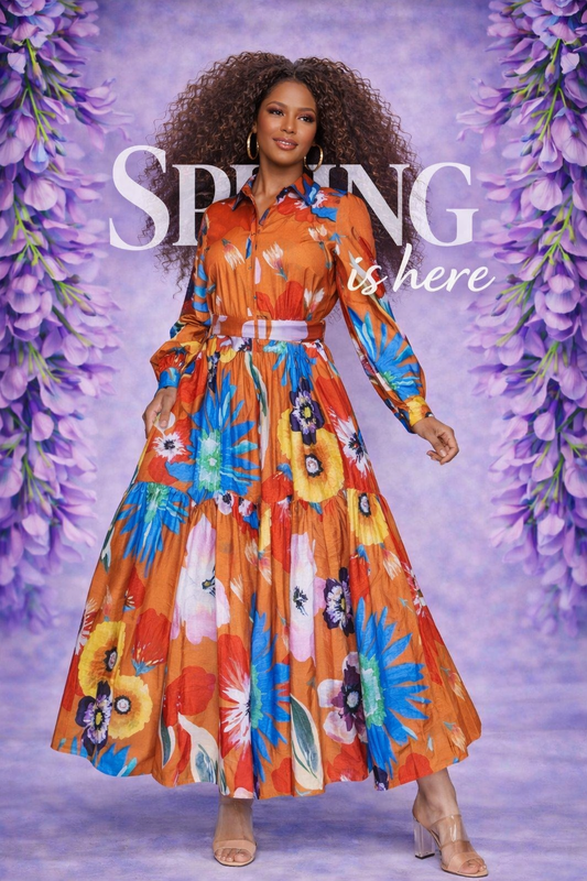 Orange floral maxi shirt dress