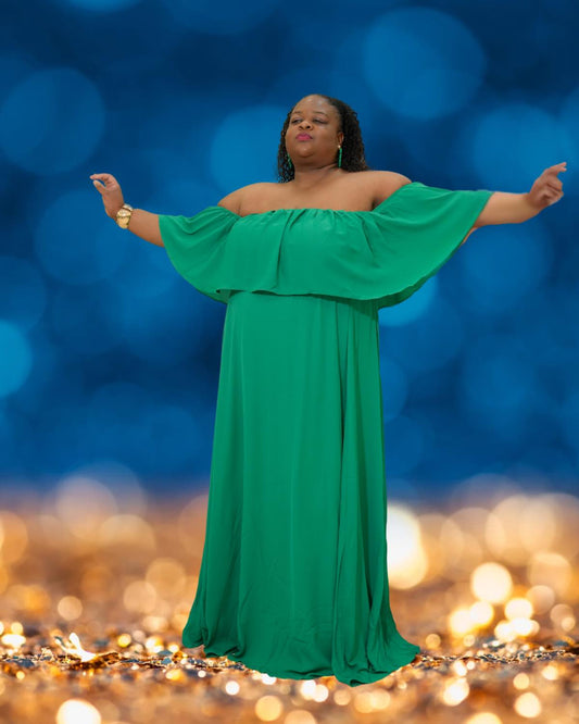 Emerald Embrace Off-Shoulder Maxi Dress
