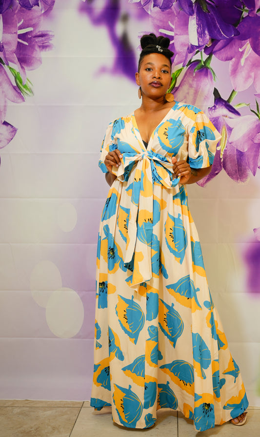 Cream floral maxi faux wrap dress