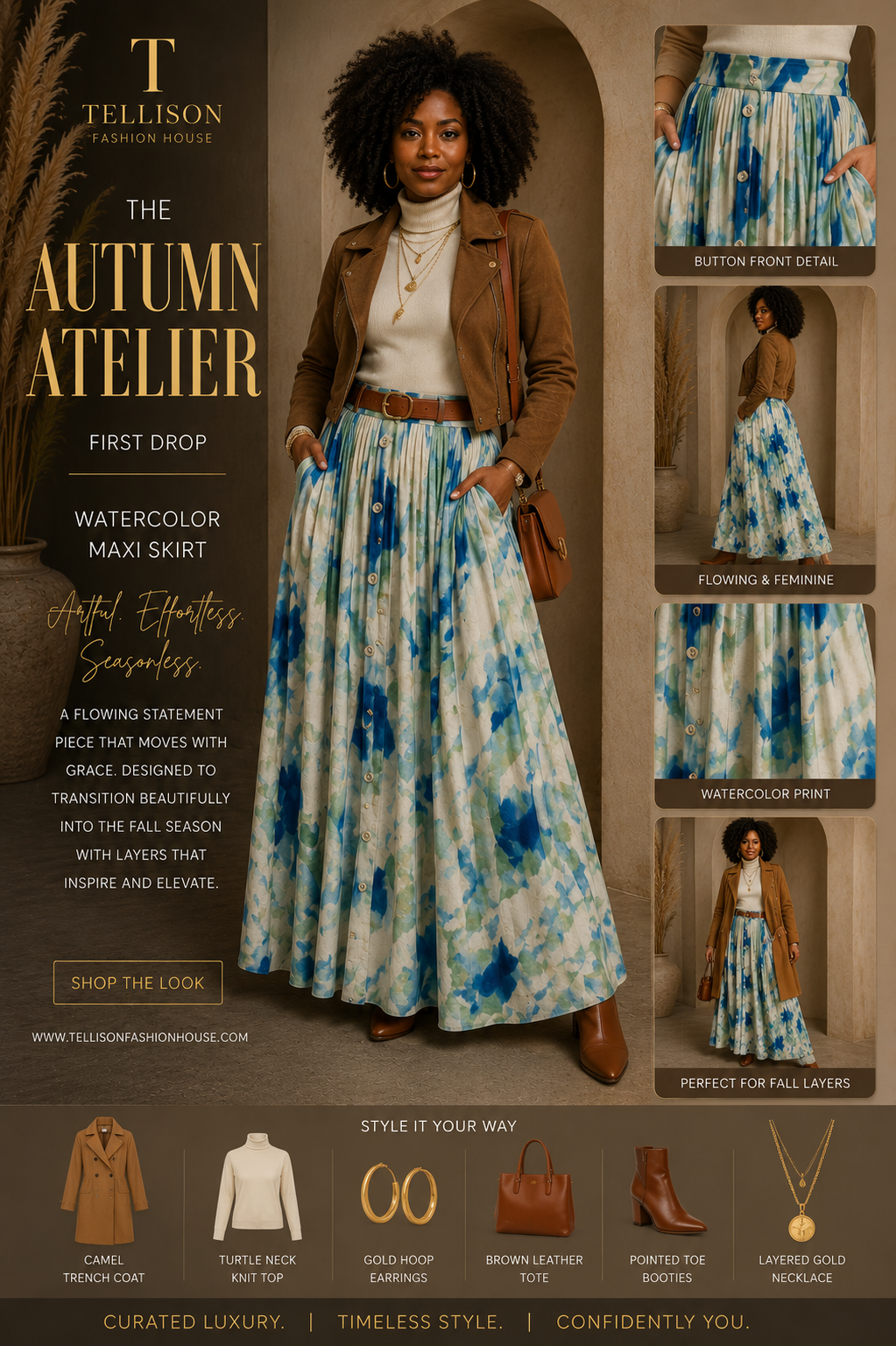 Watercolor Button-Front Maxi Skirt