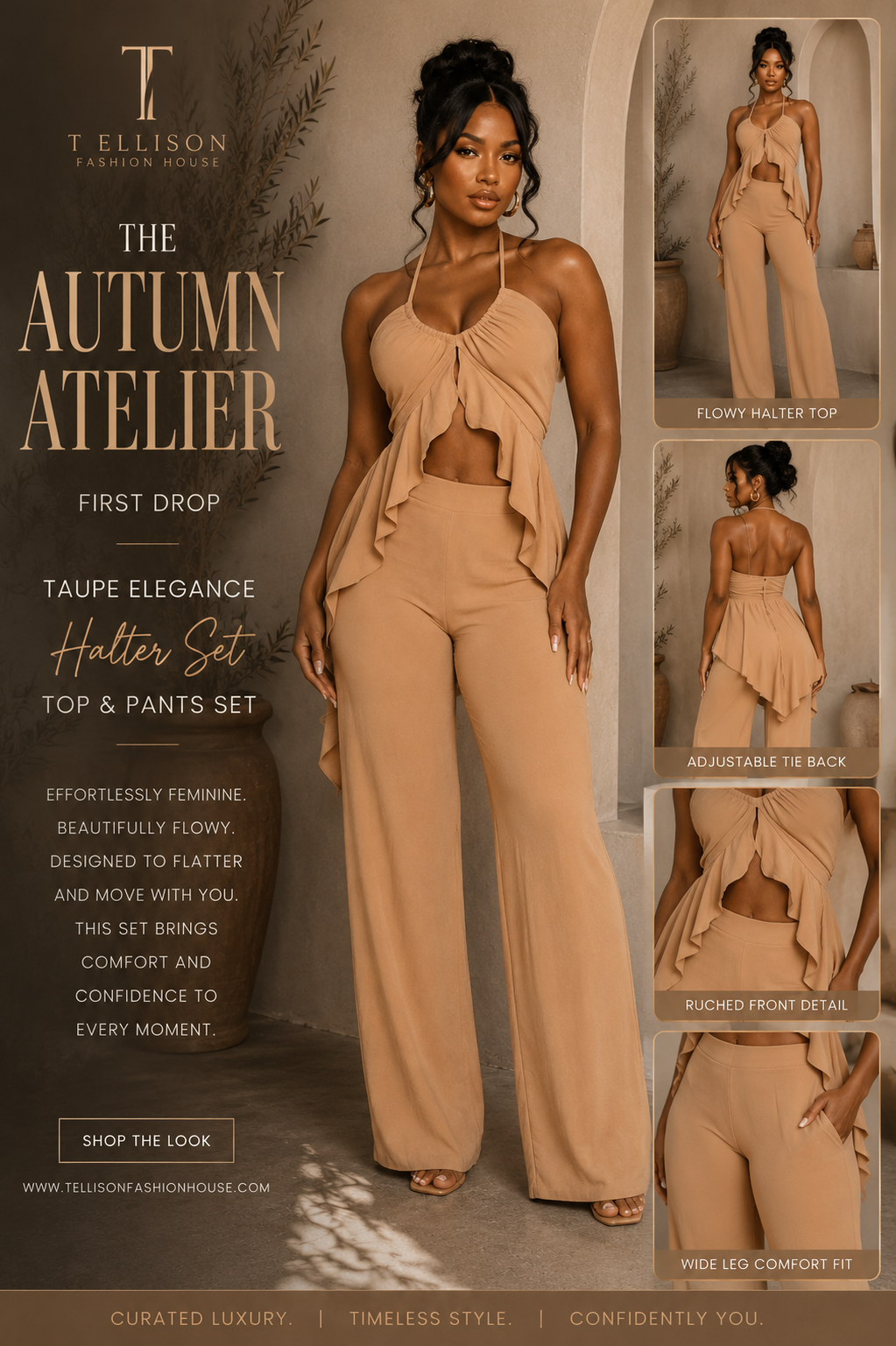 Taupe Elegance Halter Top & Pants Set