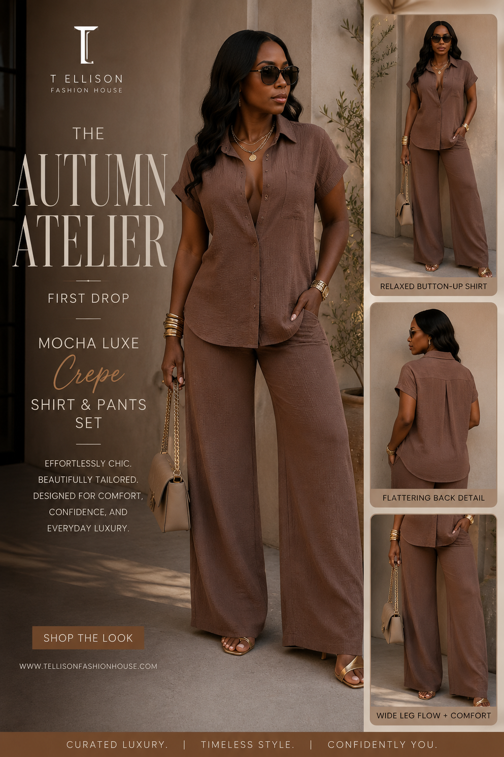 Mocha Luxe Crepe Shirt & Pants Set