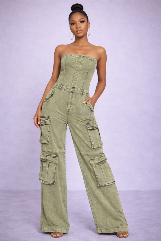 Cargo strapless denim jumpsuit