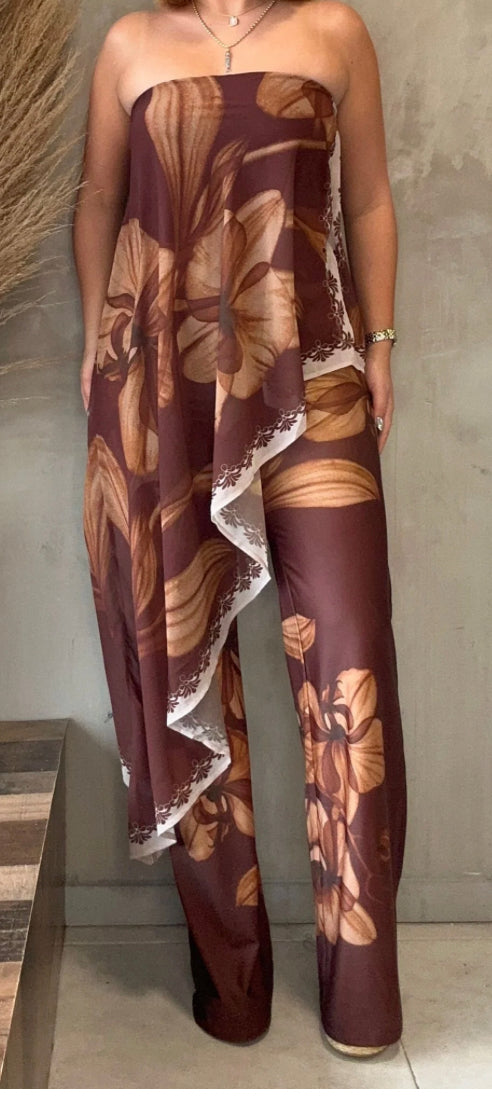Brown strapless floral jumpsuit